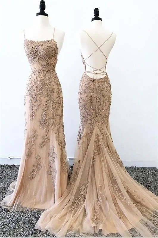 Classic Comfort Lace Appliques Mermaid Long Evening Dress Sweep Train