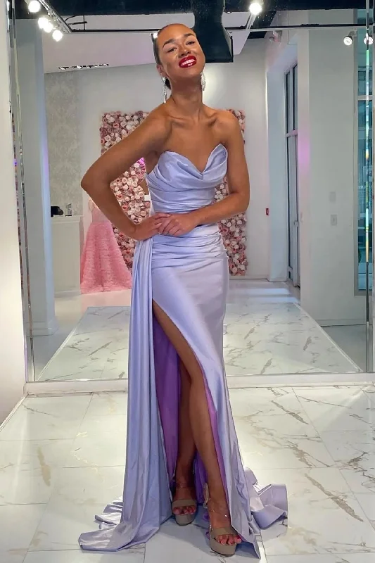 Easy Style Lavender Pleated Mermaid Prom Dresses Side Split Evening Gowns