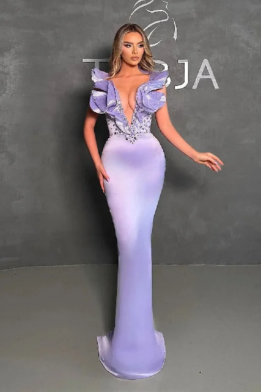Casual Chic Wear Lavender Sheath Prom Dresses Beaded Ruffled Evening Gowns
