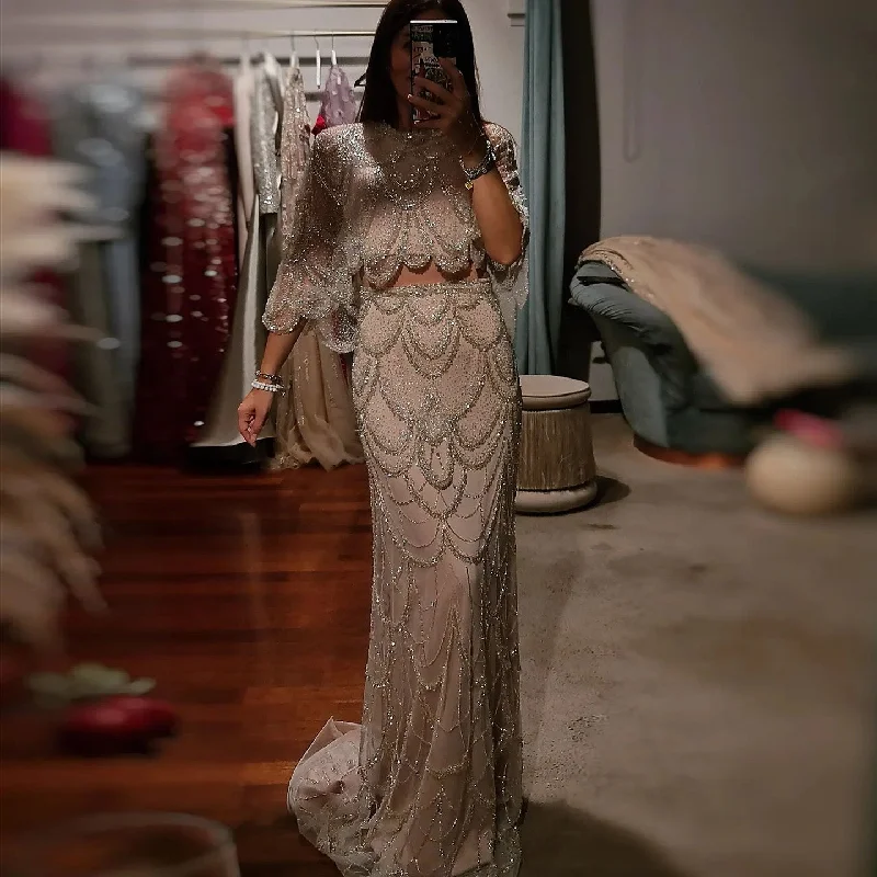Easy Chic Luxury Beaded Nude Two Pieces Evening Dress SS091