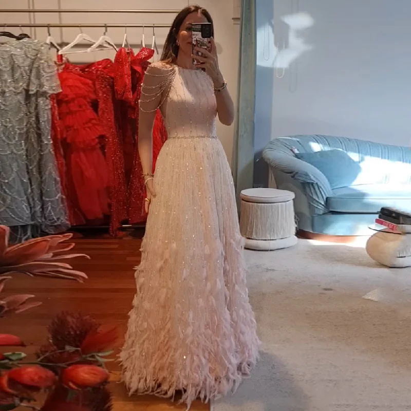 Comfortable Sweaters Luxury Feathers Lace Cream Evening Dress SS595