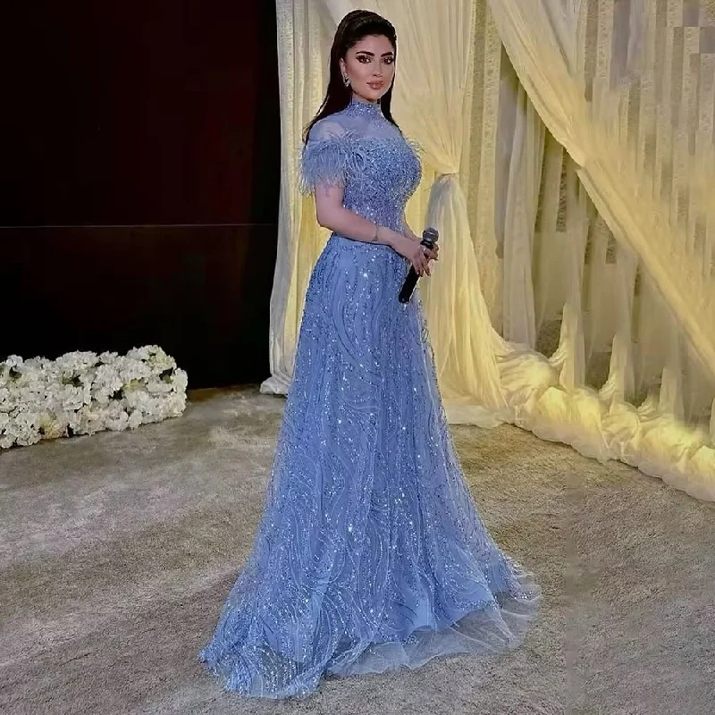 Fashion Comfort Luxury High Neck Blue Feathers Evening Dress SS092