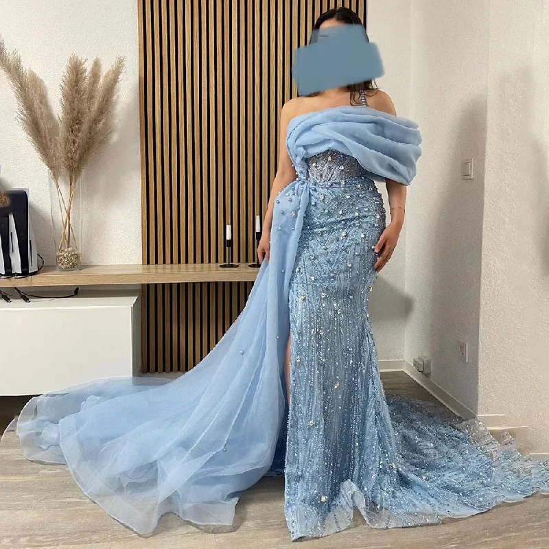 Cozy Chic Wear Luxury One Shoulder Blue Evening Dress with Overskirt SS093