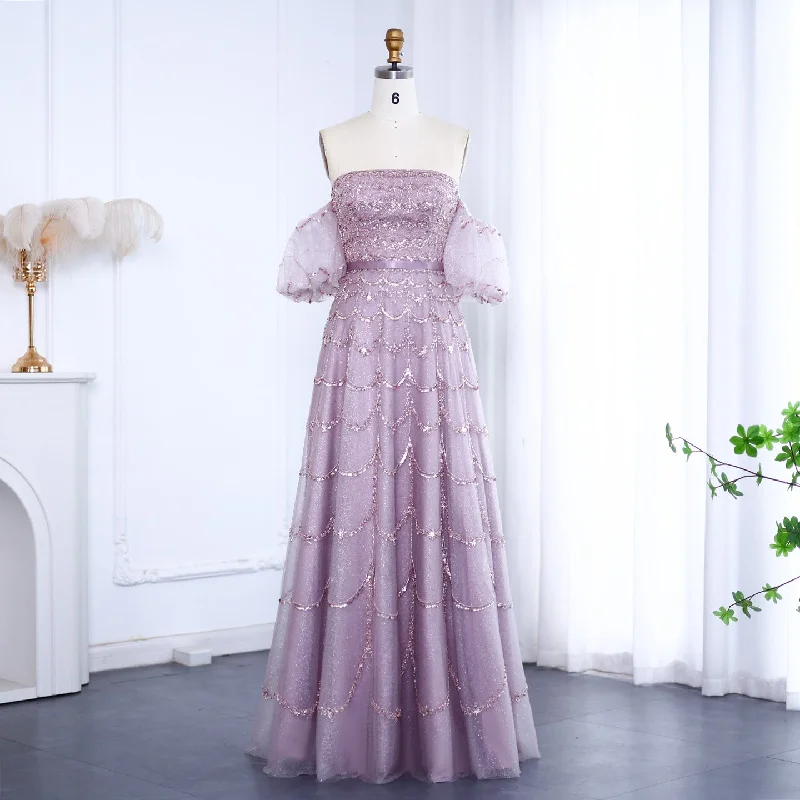Chic Outfits Luxury Strapless Puff Sleeves Pink Evening Dress SS037