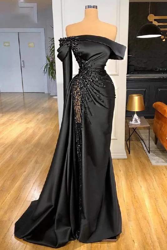 Everyday Outfits Off-shoulder Black Pageant Party Gown Luxury Pearls Evening Dress