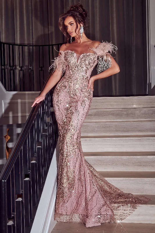 Comfortable Tops PORTIA & SCARLETT PS23306 Feather Accent Off-Shoulder Gown