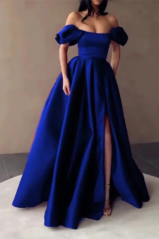 Comfortable Jeans Royal Blue Satin Prom Dresses Strapless Off the Shoulder
