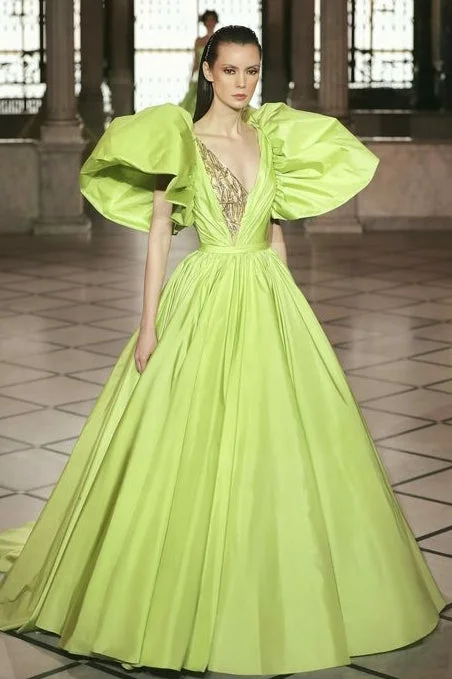 Fashion Comfort Sage Green Puffy Sleeves Taffeta Ball Gown Evening Dress