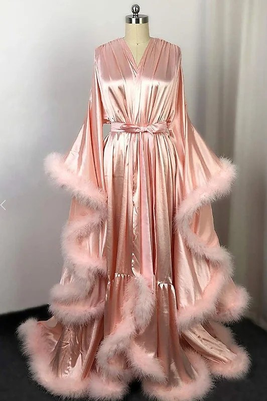 Easy-to-Wear Satin Bride Satin Robe Marabou Feather Hollywood Dressing Gown
