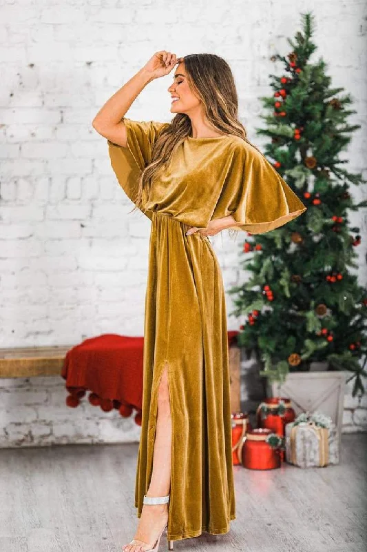 Smart Comfort Wear Sexy Elegant Velvet Round Neck High Slit Evening Dress