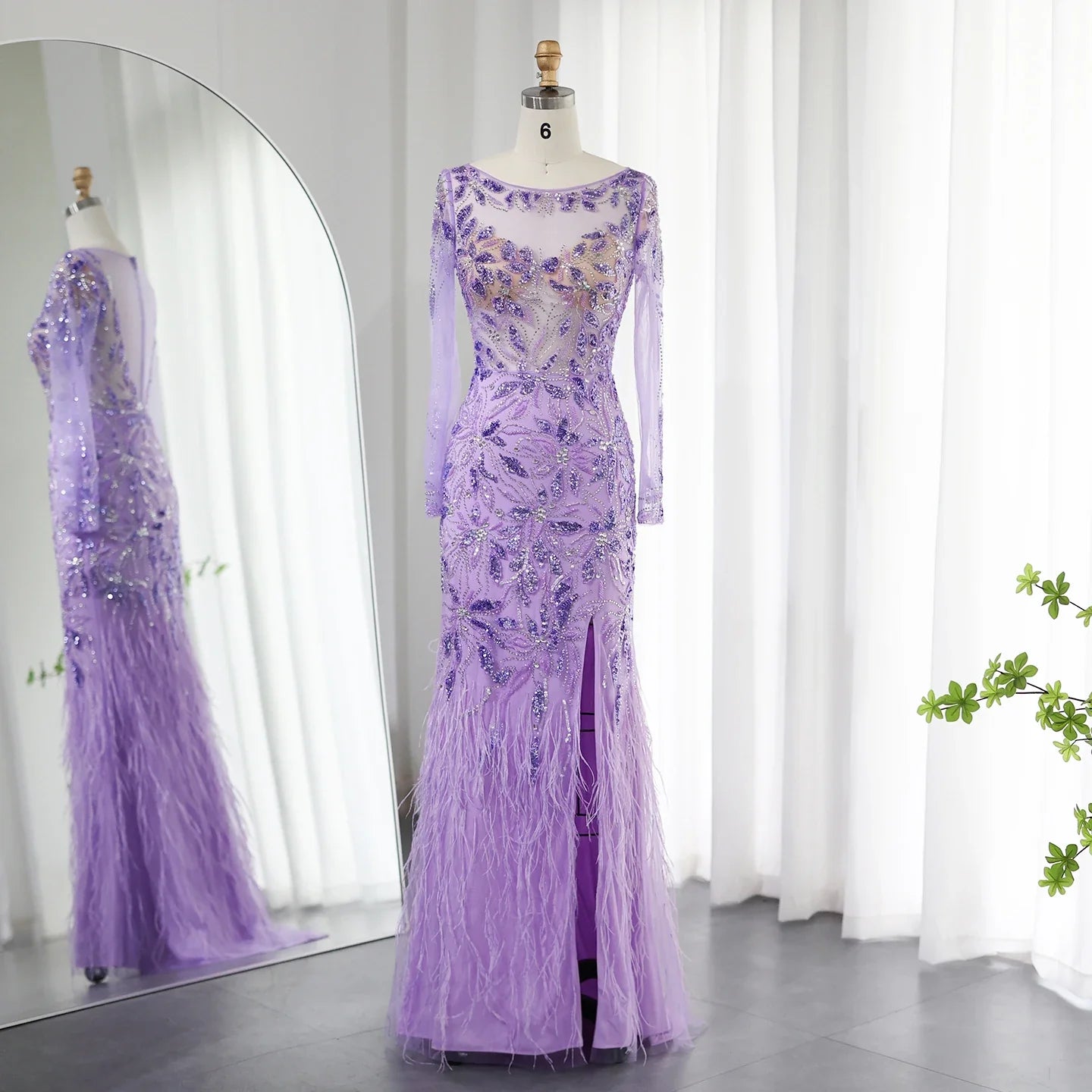 Cozy Pants Luxury Lilac Feathers Mermaid Long Sleeves Slit Evening Dress SS189