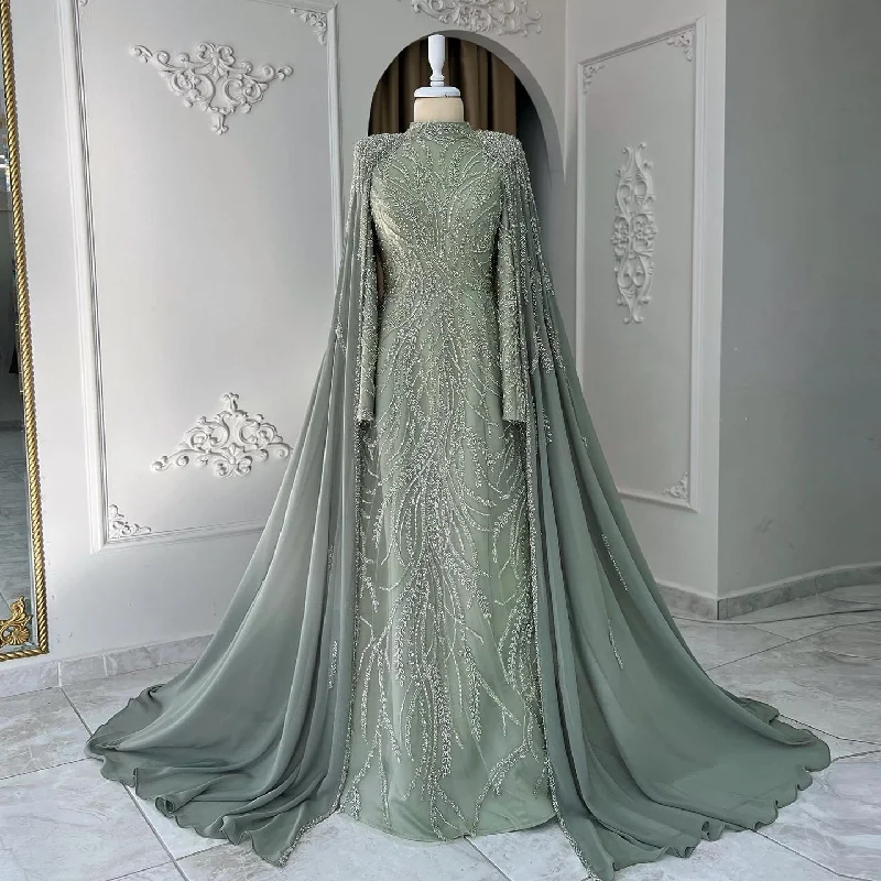 Cozy Fit Wear Luxury Beaded Sage Green Long Sleeves Evening Dress SS387