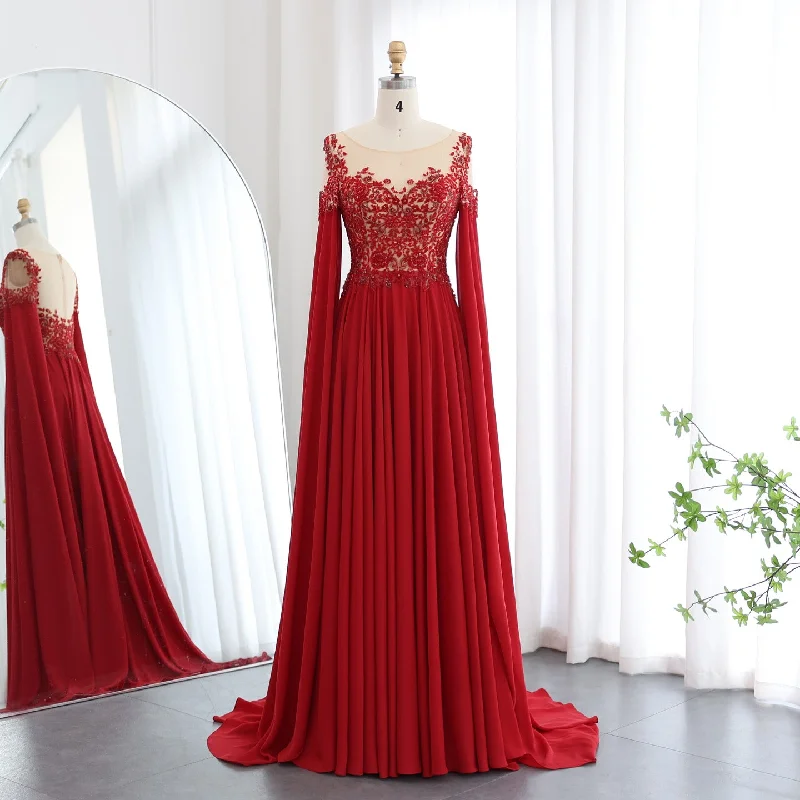 Simple Comfort Luxury Beaded Red Chiffon Evening Dress with Cape Sleeve SS298