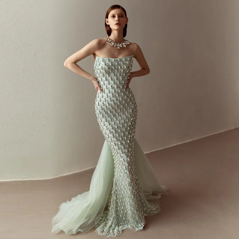 Cozy Outerwear Luxury Crystal Pearls Sage Green Evening Dress with Cape SS431