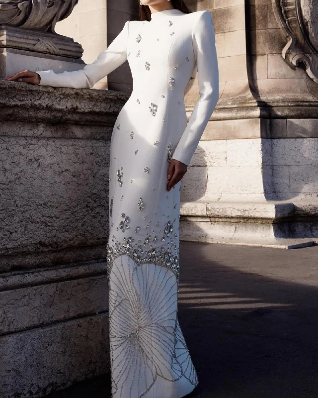 Comfortable Looks Luxury Crystal White Muslim Long Sleeves Evening Dress SS258