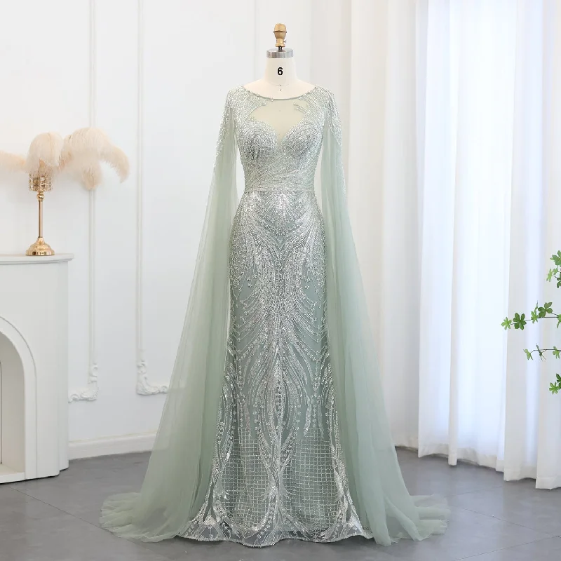 Cozy Footwear Luxury Sage Green Evening Dress with Cape Sleeves SS049