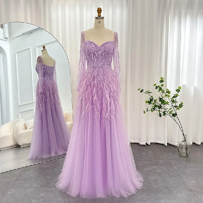 Effortless Elegance Luxury Feathers Lilac Long Sleeve Evening Dress SS351