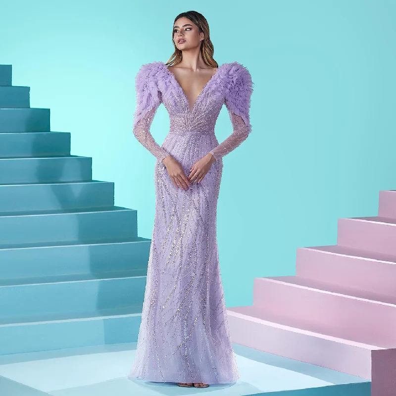 Easygoing Fashion Luxury Long Sleeves Mermaid Lilac Evening Dress SS433