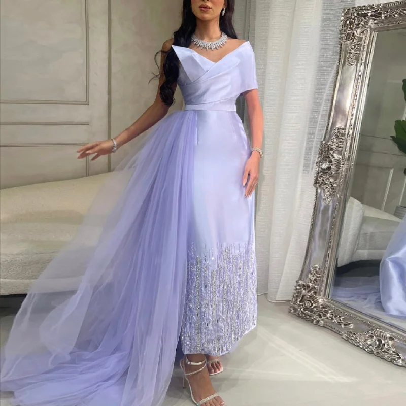 Cozy Fashion Luxury Lilac One Shoulder Evening Dress with Overskirt SS405