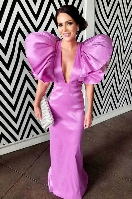 Easy Chic Straight Deep V Neck Taffeta Long Evening Party Prom Gown
