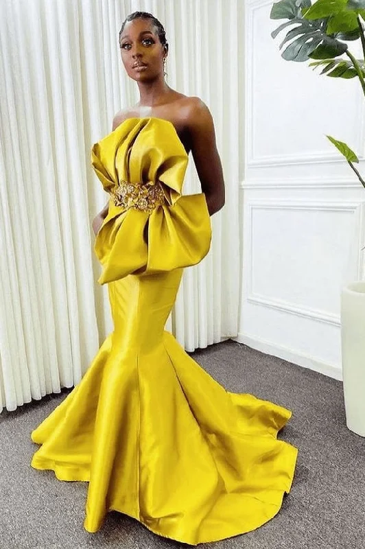 Comfy Chic Wear Strapless Mermaid Long Formal Evening Dresses With Lace Appliques
