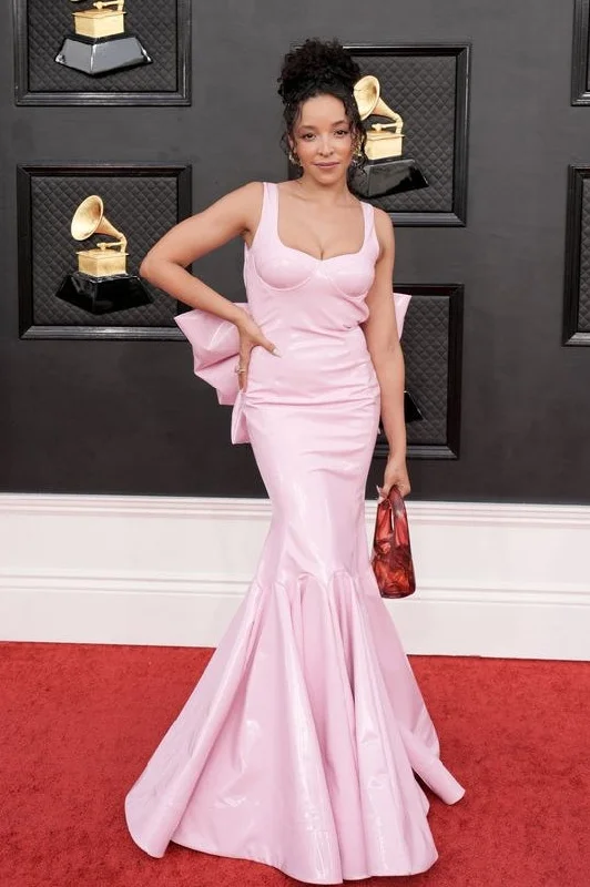 Elegant Fit Taffeta Pink Long Dress Red Carpet Mermaid Gown With Bow Back