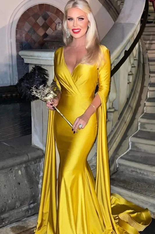 Relaxed Dresses Yellow Mermaid Prom Dresses Long Sleeves Evening Gowns Deep V Neck
