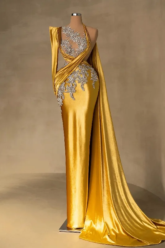 Basic Comfort Yellow Sheath Crystals Evening Dresses Rhinestones Prom Gowns