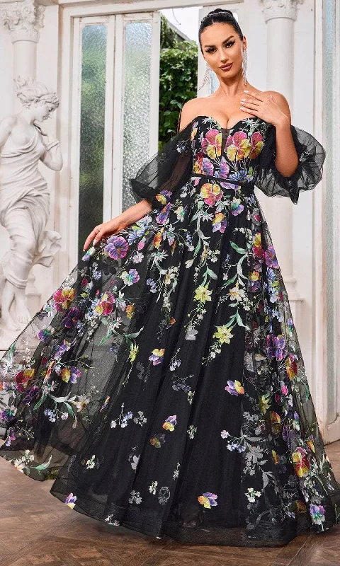 All-Day Wear J'Adore Dresses J24047 - Puff Sleeve Floral Evening Gown